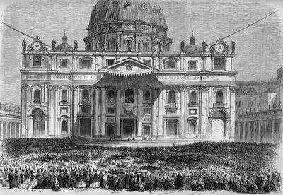 Svatý týden v Římě: pohled na náměstí svatého Petra v Římě (Piazza San Pietro) během požehnání „urbi et orbi“ na Zelený čtvrtek a Velikonoční neděli. Rytina v „“ Le Monde Illustré““ č. 526 z 11. května 1867. od French School