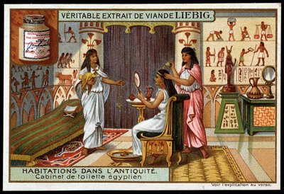 Domy ve starověku: Egyptská koupelna - reklamní nálepka Liebig od French School