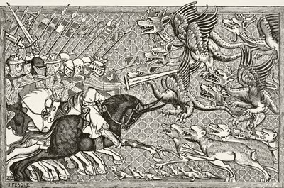 Jak Alexandr bojoval s draky a druhem bestie zvaným škorpion, z knihy "Science and Literature in the Middle Ages" od Paula Lacroixe (1806-84), vydané v Londýně roku 1878. od French School