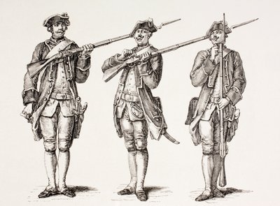 Jak nabíjet mušketu, z francouzské instruktážní knihy z roku 1776, z „XVIII Siecle Institutions, Usages et Costumes“, vydané v roce 1875 od French School
