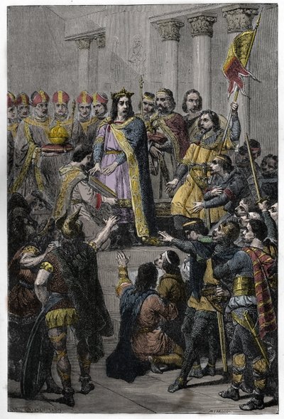 Hugh Capet zvolen králem - korunovace Hugues Capet (asi 941-996), králem Francie, 3. července 987 v Noyonu, Adalberonem (asi 925-990), archeveque z Remeše. od French School
