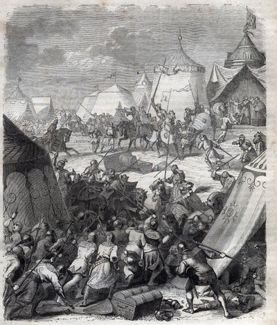 Stoletá válka: Bitva u Poitiers (1356). Rytina do „“ Historie papežů (...) Zločiny královny, krále a císařů v průběhu staletí“ od Maurice Lachatre od French School