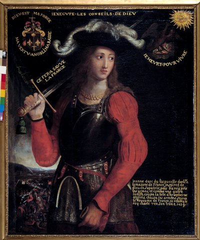 Stoletá válka: “” Portrét Johanky z Arku (1412-1431) ve válečném kostýmu”” Anonymní obraz 17. století. Rouen, musee des Beaux Arts - Stoletá válka: Portrét Johanky z Arku (1412-1431) ve válečném kostýmu - Anonymní obraz 17. století od French School