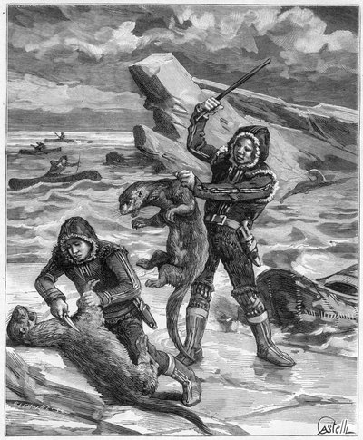 Lovec vyder na Aljašce - lovec aljašských vyder v roce 1888 - rytina v „“ Journal des Voyages“““ 1888 od French School