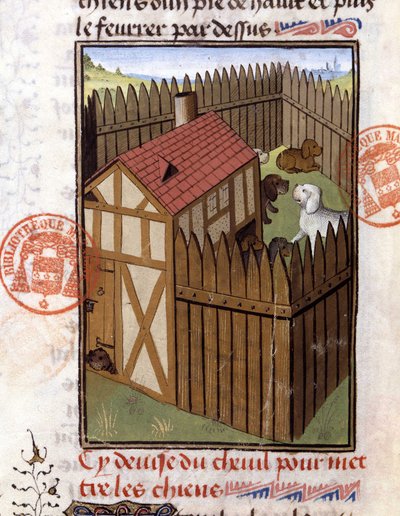 Lovecké psy v chovatelské stanici - v "" Lovecké knize Gastona Phoebuse, hraběte z Foix, Lord of Bearn"" od French School