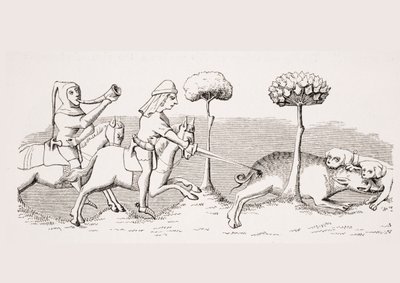 Lov divočáků se psy, reprodukce miniatury z rukopisu "Livre de Roy du Modus" ze 14. století, autor Henri de Ferrieres, z knihy "Le Moyen Age et La Renaissance" od Paula Lacroixe (1806-84), vydané 1847 (litografie). od French School