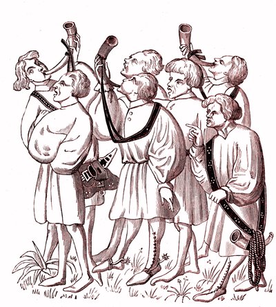 Zvonění na lovecké rohy (15. století) - Simile College miniatury z rukopisu Gastona Phebuse (1331-1391) od French School