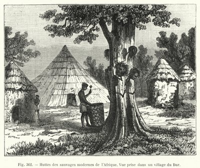 Chatrče moderních divochů Afriky (rytina) od French School