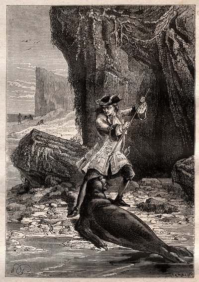 Vrazil jsem mu rýč do hrudi: Woodes Rogers (1679-1732) napaden mořským psem (tuleňem) na jednom z galapážských ostrovů v Tichém oceánu v roce 1709 - ilustrace převzata z „Velkých námořníků 18. století“ od French School