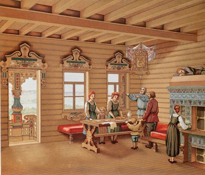 Idealizovaný interiér ruské izby, asi 1880 (barevná rytina) od French School
