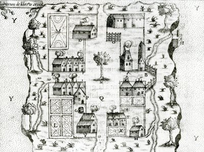 Ile Ste. Croix, nejstarší francouzská osada v Acadii, 1604, z Voyages od Samuela de Champlain (c.1580-1635), 1613 od French School