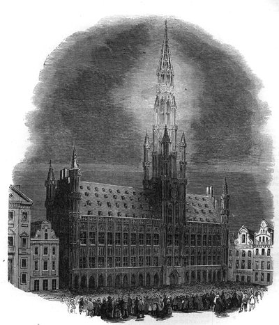 Osvětlení bruselské radnice 26. září 1864 u příležitosti výročí bojů, které osvobodily Belgii z nizozemské nadvlády. Ze skici od M.D.A. Gravírování v „The Illustrous Universe“ od French School