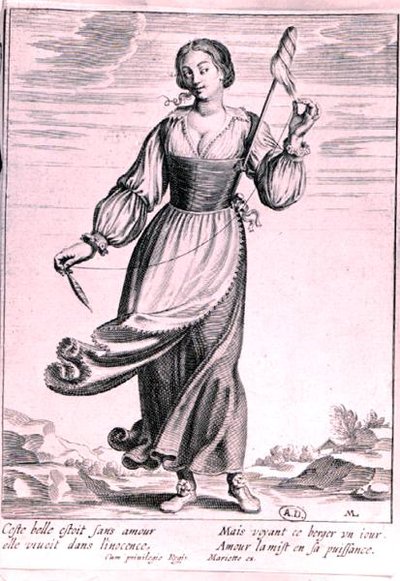Ilustrace zobrazující pastýřku (rytina) (černobílá fotografie) od French School