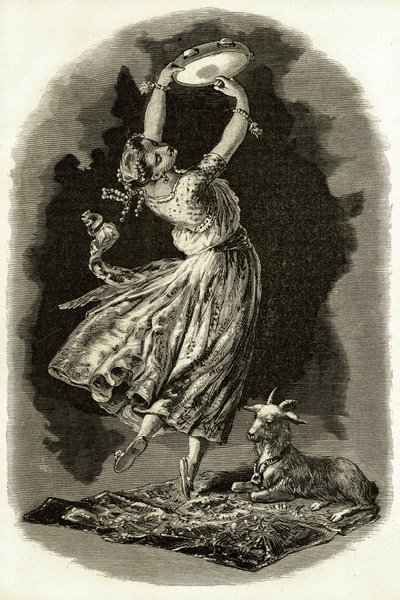 Ilustrace pro „Notre-Dame de Paris“ od Victora Huga: Esmeralda tančí při hraní na tamburínu vedle své kozy, začátek 20. století (litho) od French School