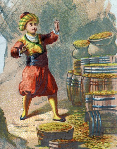 Ilustrace k Pohádkám tisíce a jedné noci. Ali Baba (Ali-Baba) vstupuje do skály a říká: Sezam tě otevírá a vidí zlaté sudy. Chromolitografie kolem roku 1890. od French School