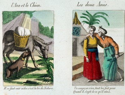 Ilustrace k bajkám Jean de la Fontaine (1621-1695): vlevo „“ Osel a pes“““ vpravo „“ Les deux amis“““ Rytina 19. století. Musee La Fontaine, Chateau Thierry od French School