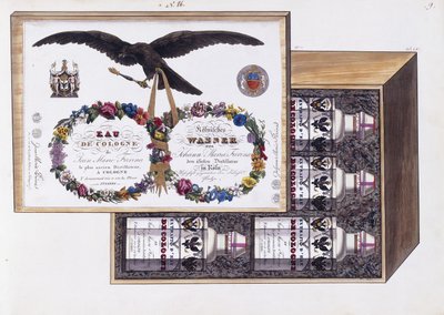 Ilustrace pro balení kolínské vody, cca 1825 (akvarel a tělová barva) od French School