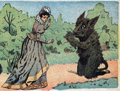 Ilustrace k pohádce „Kráska a Bete“: ptá se bete krásné, která se náhle vyděsí. Rytina snímků Quinn, circa 1890. od French School