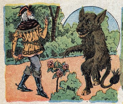Ilustrace k pohádce „Kráska a Bete“: obchodník uřízne růži v zahradě Bete, aby ji přinesl zpět své dceři Belle. Rytina snímků Quinn, circa 1890. od French School