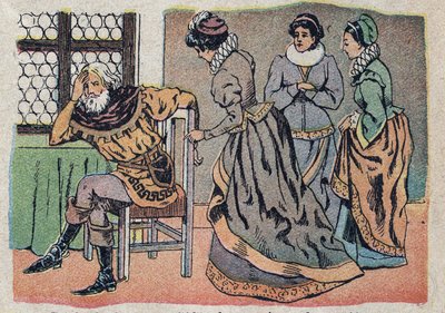 Ilustrace k pohádce „Kráska a Bete“: obchodník ztracený v bolestech. Rytina snímků Quinn, circa 1890. od French School