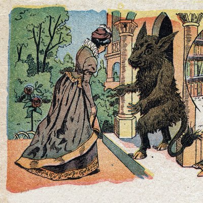 Ilustrace k pohádce „La Belle et la Bete““: krásná přijíždí do hradu Bete. Rytina snímků Quinn, circa 1890. od French School