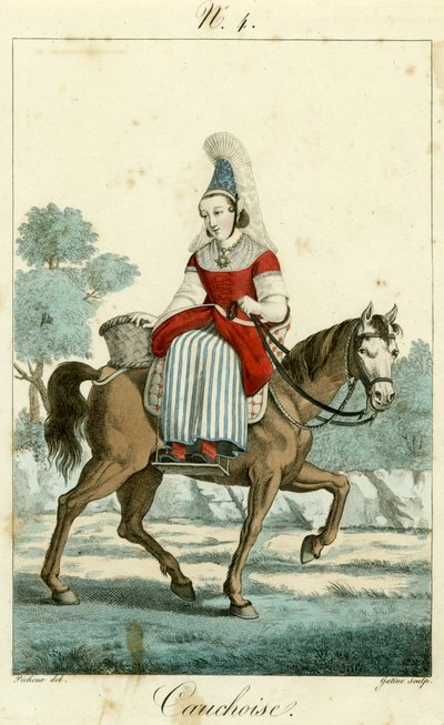 Ilustrace č. 4, kostým Cauchoise (barevná rytina) od French School