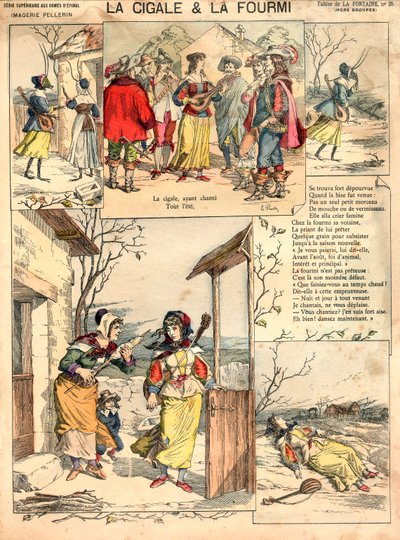 Ilustrace La Fontainovy bajky Cikáda a mravenec, rytina, asi 1890 od French School