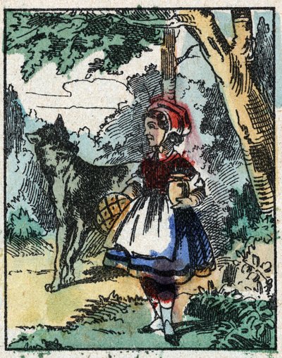 Ilustrace příběhu „Červená karkulka“ od Charlese Perraulta. Dřevoryt od Imaging Pellerin - Epinal, sd. Konec 19. století. od French School