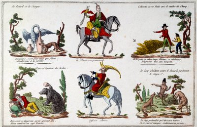 Ilustrační deska k bajkám od Jean de La Fontaine (1621-1695): Liška a čáp, Číňan chodící, medvěd a milovník zahrady, čínský důstojník. Rytina od French School