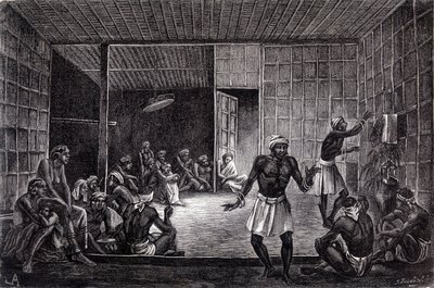Ilustrace publikovaná ve vydání „Le Tour du monde“ z roku 1862 zobrazující exorcismus praktikovaný dayaky na ostrově Borneo. Rytina. od French School