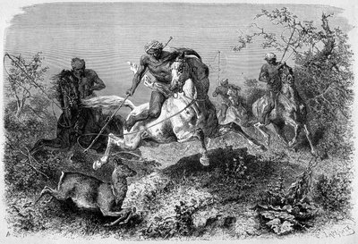 Ilustrace vydaná v edici „“Le Tour du monde““ z let 1870 - 1871 zachycující dyaka lovícího na ostrově Borneo. Rytina. od French School
