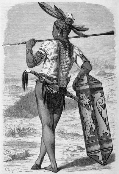 Ilustrace vydaná v edici „Le Tour du monde“ z let 1870 - 1871 zobrazující dayaka (domorodého) na ostrově Borneo. Rytina. od French School