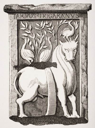 Obrázek keltského pomníku Svatého vola nalezeného pod chórem katedrály Notre Dame v Paříži v roce 1711, z Le Moyen Age et La Renaissance od Paula Lacroixe (1806-84) vydaného v roce 1847 od French School