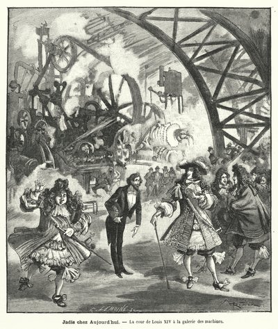 Představená návštěva krále Ludvíka XIV. a jeho dvora v pavilonu strojů na výstavě Universelle v Paříži v roce 1889 (rytina) od French School