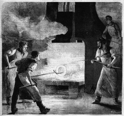 Imperiale slévárna v Douai, výroba sudu z ocelové tyče. rytina od French School