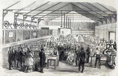 Impress Eugenie a Imperial Prince návštěva Banque de France, 23. června 1866 - tisk bankovek - rytina v Le MONDE Illustrous DU 7.7.1866 od French School