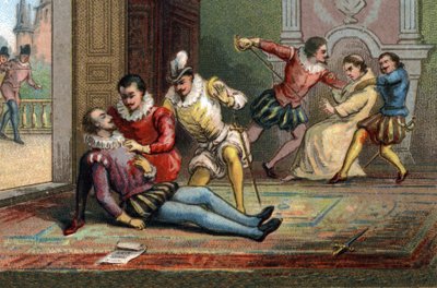 V roce 1589 mnich Jacques Clement zavraždil krále Jindřicha III bodnutím poté, co ho přiměl přečíst dopis. Král zemřel v náručí Jindřicha Navarrského. Chromolitografie kolem roku 1890. od French School