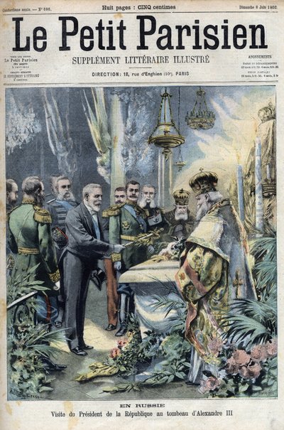 V Rusku: návštěva prezidenta Emila Loubeta (1838-1929) u hrobky Alexandra III. (1845-1894), ruského císaře, v „Le petit Parisien““ od French School