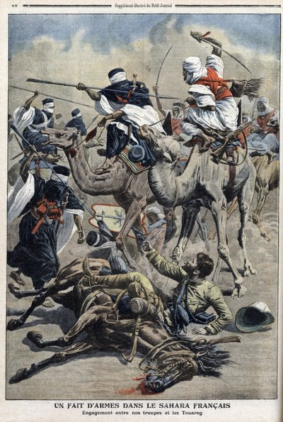 V angličtině Sahara: boj mezi francouzskými jednotkami písečných touaregů, ilustrace z novin “”Le Petit Journal”” 17. března od French School