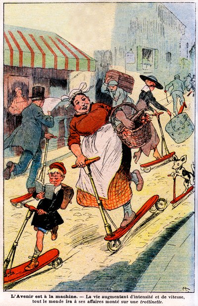 V budoucnu, život naroste na intenzitě a rychlosti, každý pojede do svého podniku nasedne na skútr. 1919 (rytina) od French School