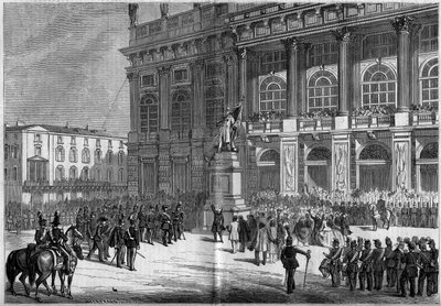 Inaugurace sardinského pomníku Vincenzem Velou (1820-1891) na Zámeckém náměstí v Turíně (Itálie) dne 10. dubna 1859. Za sochou je „Palazzo Madama“. Na základě náčrtů pana Ferryho. Rytina v „“ Le Monde Illustré““ č. 106 ze dne 23. dubna 18 od French School