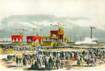 Inaugurace Suezského průplavu v Egyptě v roce 1869: „Te deum“ zpívá v Port Said. Kanál byl vytvořen, aby spojil Rudé moře se Středozemním mořem. od French School