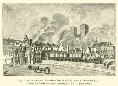 Požár v Hôtel-Dieu v noci z 29. na 30. prosince 1772 podle dobové kresby patřící M A Bonnardotovi od French School