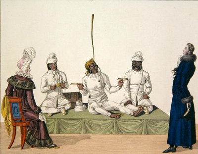 Indičtí žongléři při balancování, deska 87 z knihy "le Bon Genre", asi 1810 (barevná rytina) od French School