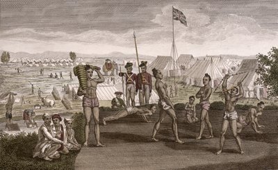 Indiánští válečníci při cvičení s výhledem na tábor English Residents, kolem roku 1810 od French School