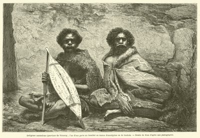 australští domorodci (provincie Victoria); jeden z nich nese štít vyrobený z eukalyptové nebo bankovní kůry (rytina) od French School