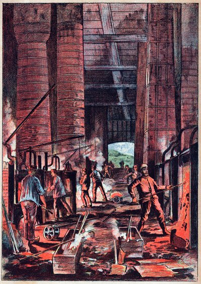 Průmyslová revoluce - Puddlovací pec - Puddler Ovens (Puddlage) - Rytí do "" Vědy dostupné všem - Populární fyzika a chemie" od Alexise Clerca - Konec 19. století - Soukromá sbírka od French School