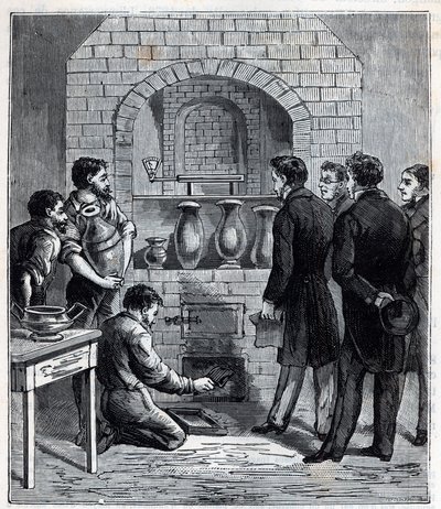 Instalace pyrometru Alexandrem Brongniartem (1770 -1847) Francouzským vědcem ve výrobě Sevres - Rytina ve „Sciences mise à la gridte de tous - fyzika et chimie populaire““ od Alexise Clerca - Konec 19. století. Soukromá sbírka. od French School