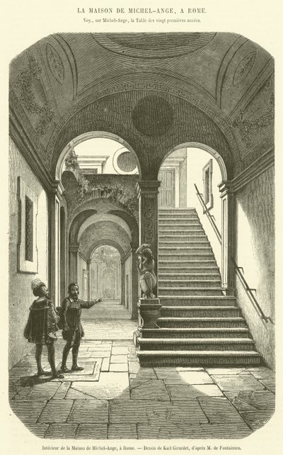 Interiér Michelangelova domu, Řím (rytina) od French School
