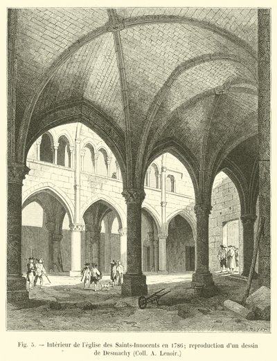 Interiér kostela Saints-Innocents v roce 1786; reprodukce kresby Desmachy, Coll A Lenoir od French School